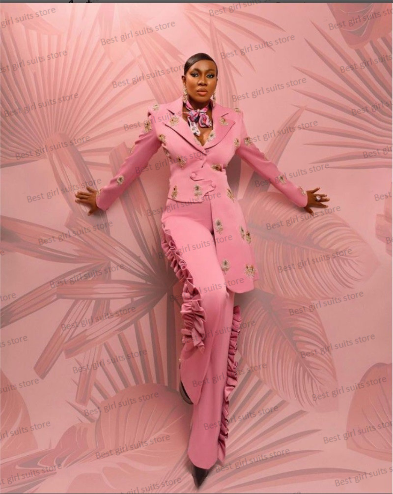 Women'S Formal Wear For A Wedding Guest - ชุดสูทเบลเซอร์ + กางเกงผู้ชายขาสามส่วน2ชิ้นสำหรับงานแต่งงานสีชมพูเสื้อโค้ทลูกปัดชุดงานพรอมสำหรับแขกทางการ