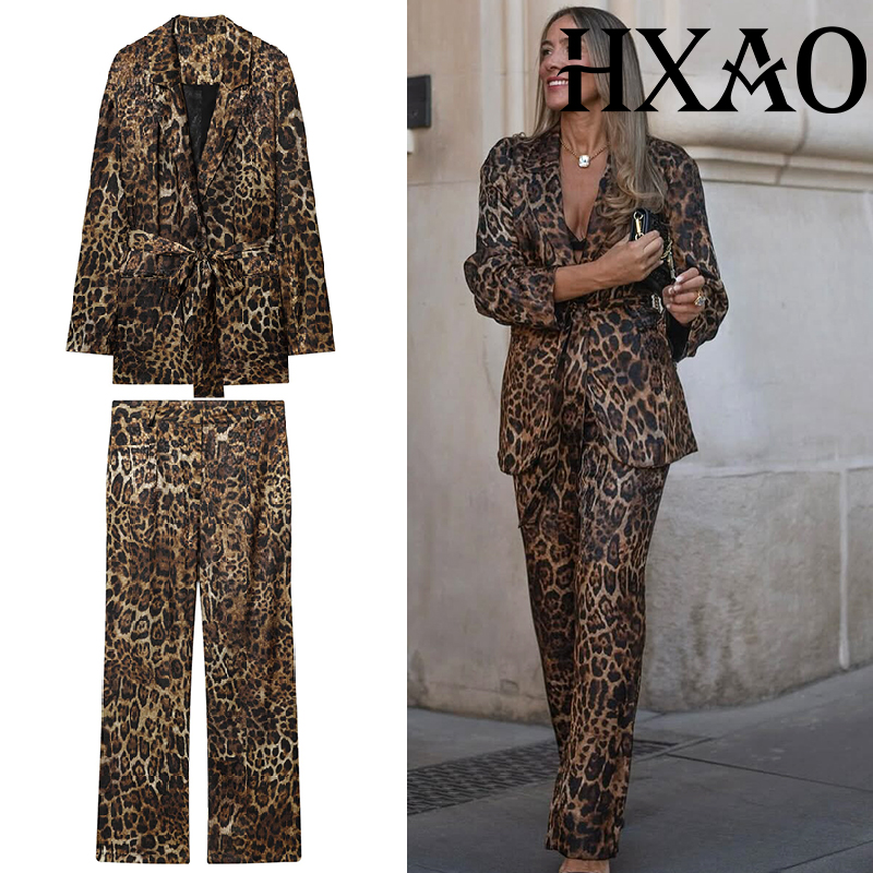 Women'S Formal Wear With Pants - ชุดเซ็ตเสื้อผ้าลายเสือดาว HXAO ชุดเซ็ต 2 ชิ้น เสื้อเบลเซอร์ยาวสไตล์วินเทจ