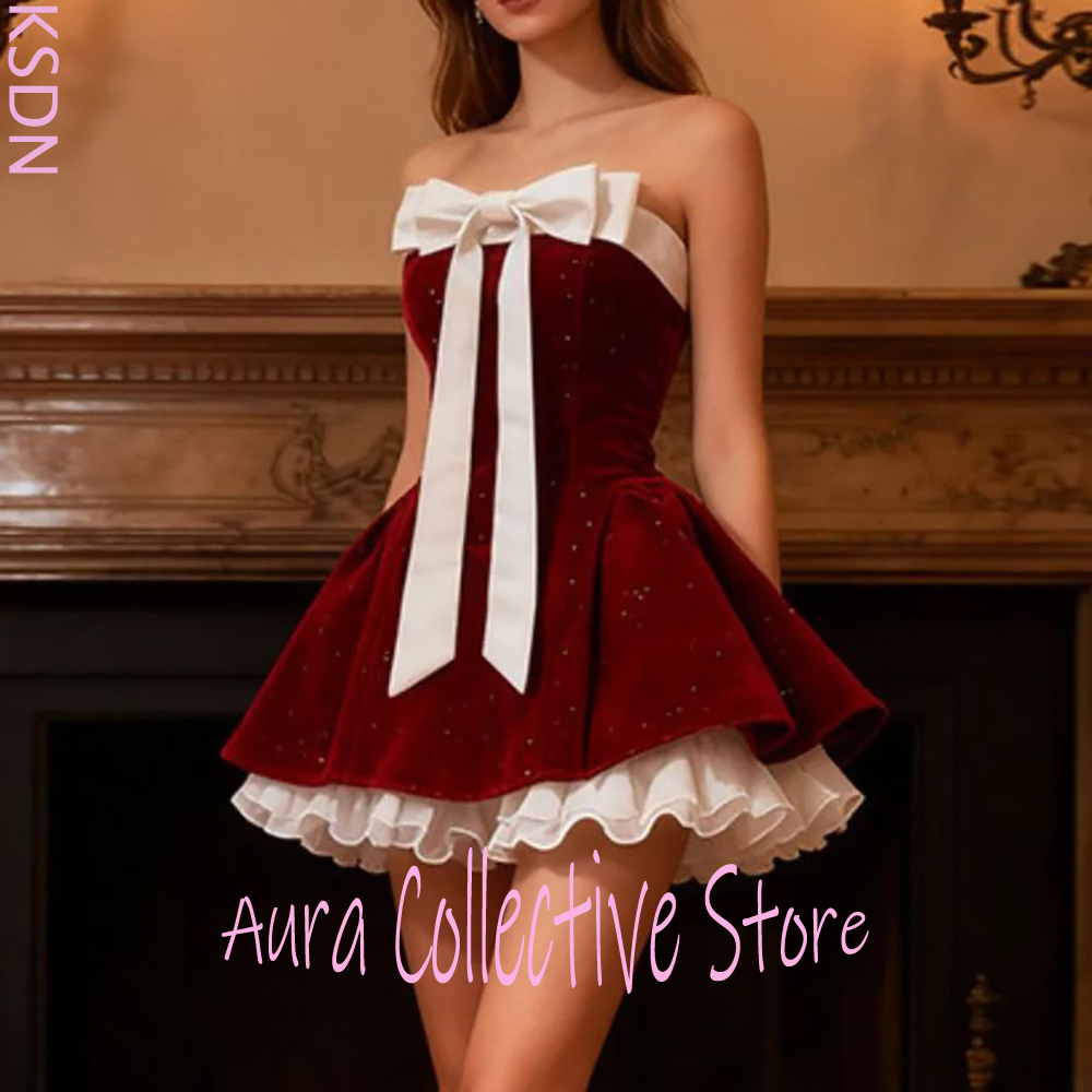 Large Women'S Formal Wear - ชุดมินิเดรสผ้ากำมะหยี่สีเบอร์กันดีแบบไร้สายสำหรับผู้หญิง พร้อมโบว์สีขาวขนาดใหญ่ ชายกระโปรงระบาย สำหรับงานปาร์ตี้ งานราตรี งานพรอม