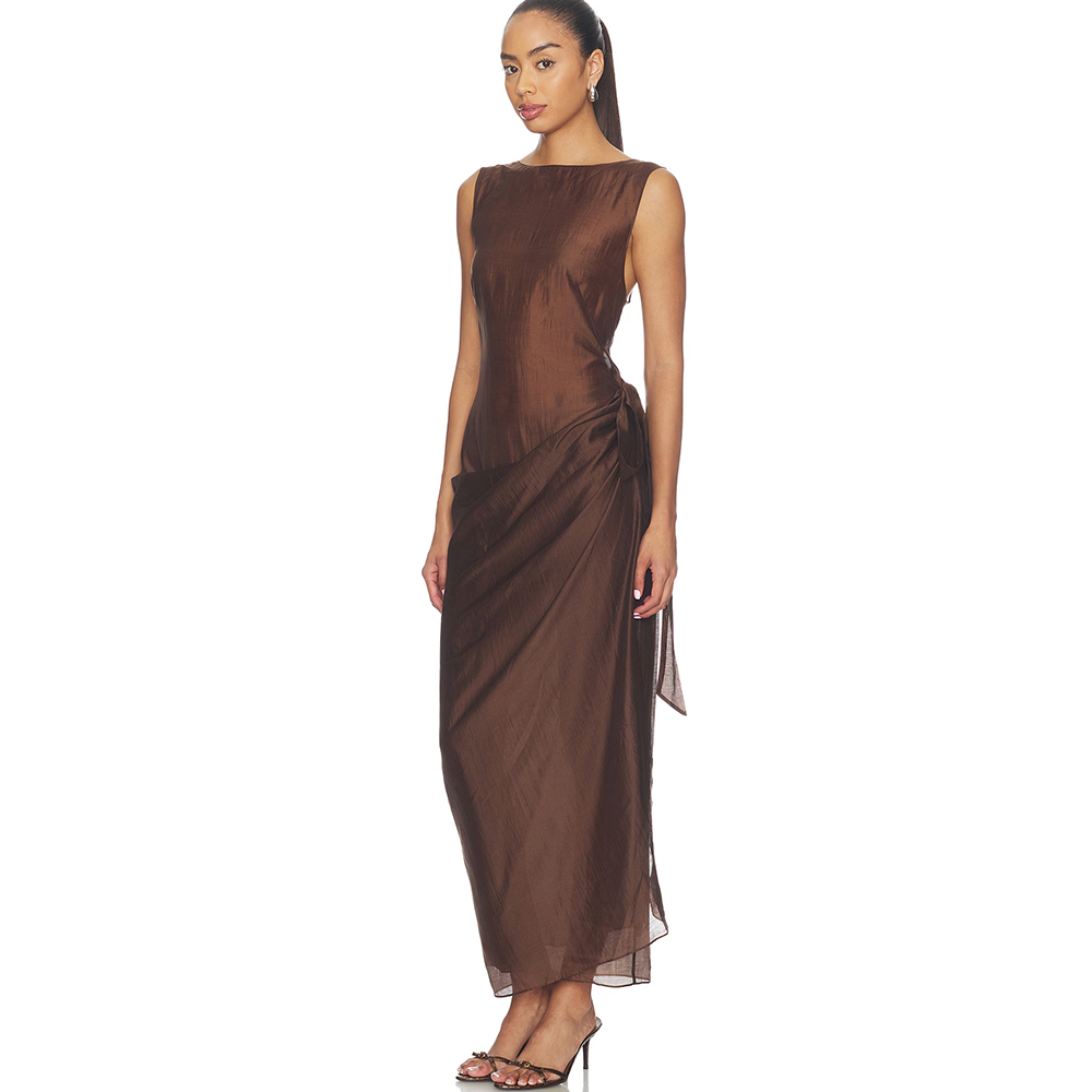 Women'S Formal Wear For A Wedding Guest - ชุดราตรีแบบเปิดไหล่ แขนกุด จับจีบด้านข้าง ผ้าพันรอบเอว ชุดออกงานสำหรับผู้หญิง ชุดเพื่อนเจ้าสาว