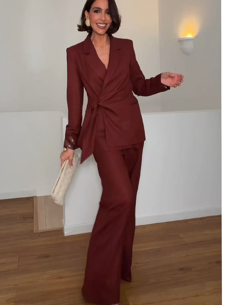 Women'S Formal Wear With Pants - ชุดสูทแฟชั่นสำหรับสุภาพสตรี เสื้อเบลเซอร์ทรงเข้ารูป แต่งเชือกผูก พร้อมกางเกงขายาวทรงตรง สไตล์หรูหรา เหมาะสำหรับใส่ทำงาน