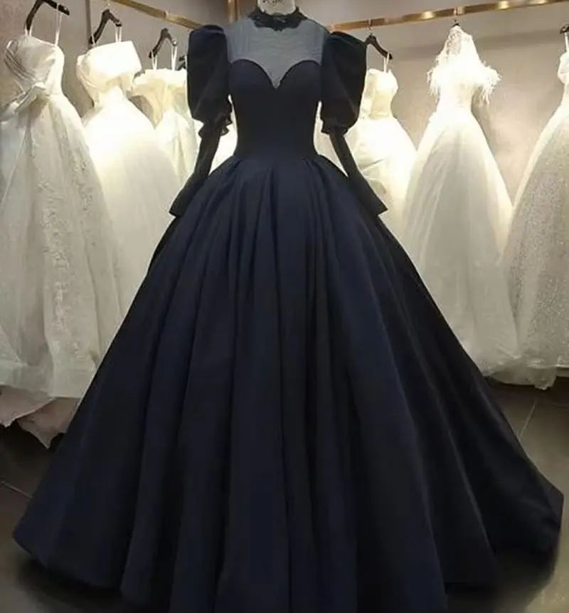 Women'S Gothic Formal Wear - ชุดแต่งงานสไตล์โกธิคสีดำ คอวีแบบซีทรู แขนยาว ทรงเจ้าหญิง เรียบง่าย สำหรับผู้หญิง
