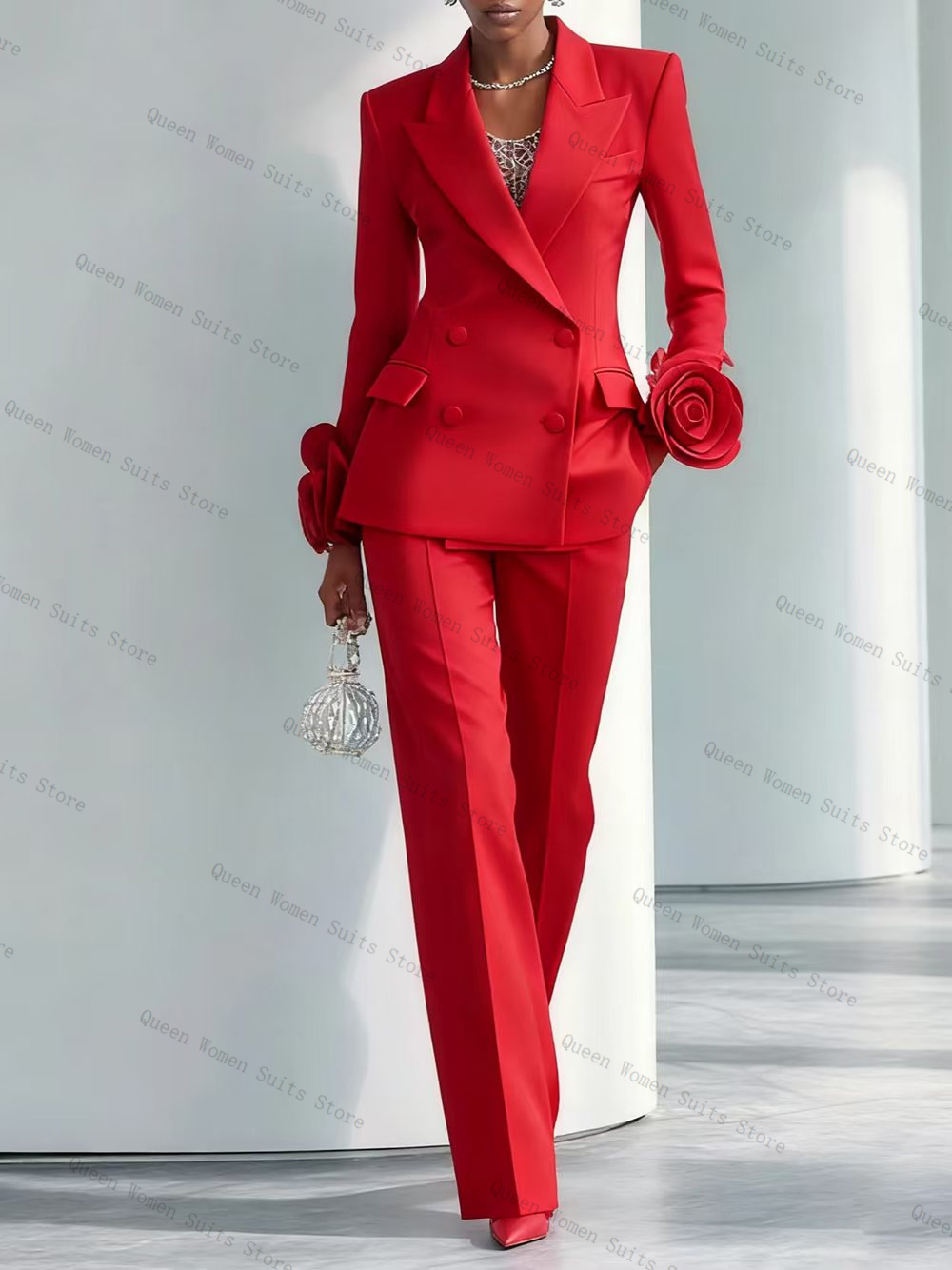 Women'S Formal Wear For A Wedding Guest - ชุดสูทผู้หญิงสีแดงสุดหรู 2 ชิ้น เสื้อเบลเซอร์+กางเกงขายาว ลายดอกไม้ 3