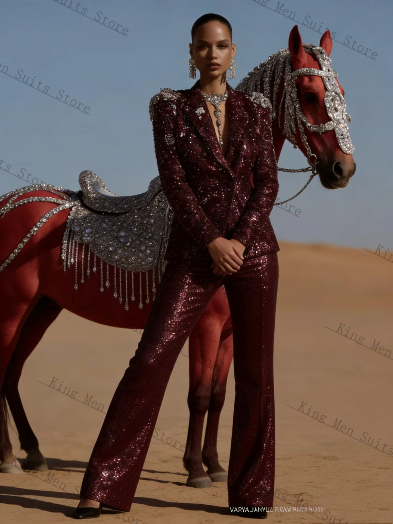 Women'S Formal Wear For A Wedding Guest - ชุดสูทผู้หญิงสีแดงเบอร์กันดีแบบมันเงา 2 ชิ้น เสื้อสูท+กางเกงขายาว หรูหรา สำหรับฤดูใบไม้ผลิ
