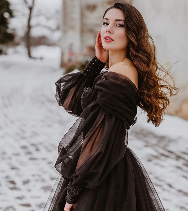 Women'S Gothic Formal Wear - ที่กําหนดเอง Gothic ชุดแต่งงานสีดําที่ถอดออกได้แขนยาวลูกไม้ Charming อย่างเป็นทางการผู้หญิงชุดเจ้าสาวชุดราตรีกลางแจ้ง
