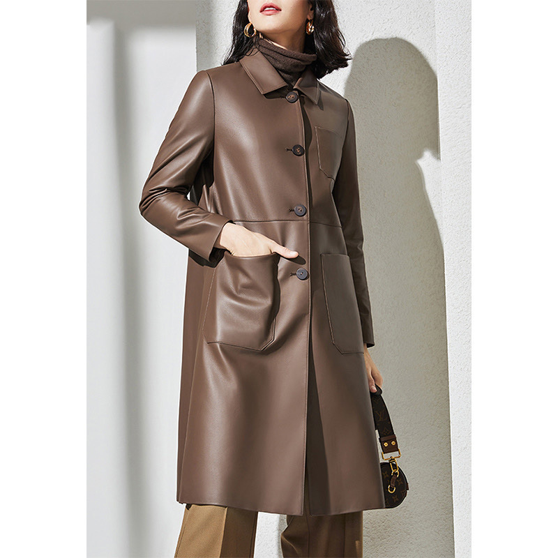 Large Women'S Formal Wear - เสื้อโค้ทหนังแท้ทรงเทรนช์โค้ทสำหรับผู้หญิง ไซส์ใหญ่ ปกแบบ OL แจ็คเก็ตหนังแท้ทรงยาว ผูกเชือก