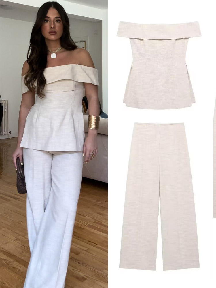 Women'S Formal Wear With Pants - ชุดเซ็ต 2 ชิ้น เสื้อครอปคอเฉียง ดีไซน์ผ่าข้าง พร้อมกางเกงขายาวทรงหลวมเอวสูงแบบมีซิปด้านหลัง