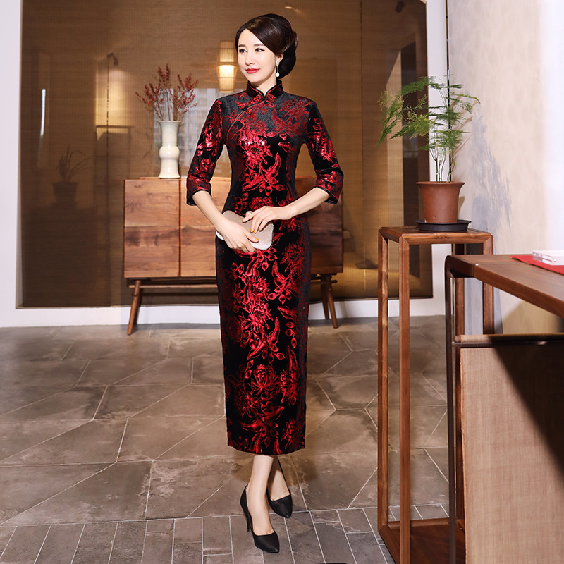 Women'S Red Formal Wear - ชุดกี่เพ้าผู้หญิง ฤดูใบไม้ร่วง ฤดูหนาว หรูหรา แขนยาว แบบดั้งเดิม