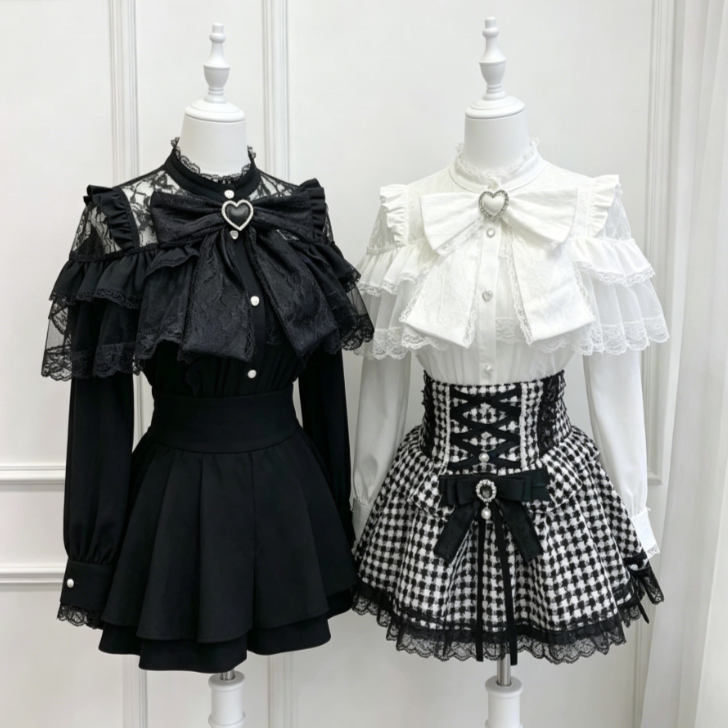 Japanese Women Formal Wear - เสื้อเชิ้ตสไตล์โลลิต้าญี่ปุ่นน่ารักสำหรับผู้หญิง ฮาราจูกุ จีเค แต่งโบว์ ลูกไม้ ตัดต่อ