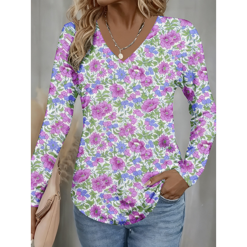 Women'S Formal Wear For A Wedding Guest - เสื้อผู้หญิงคอวีแขนยาวลายพิมพ์ทั่วตัว สีม่วงน้ำเงิน เสื้อยืดคอวีสำหรับงานแต่งงาน ใส่ได้ทุกฤดูกาล ซักเครื่องได้