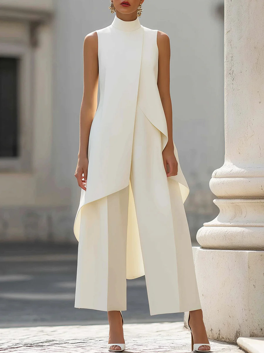 Women'S Formal Wear With Pants - ชุดสูททำงานผู้หญิงสีพื้นแบบสองชิ้น เสื้อแขนกุดคอสูงทรงเอ ไซส์ใหญ่ กางเกงขายาวทรงกว้าง แฟชั่นสไตล์ลำลองสำหรับใส่ทำงาน