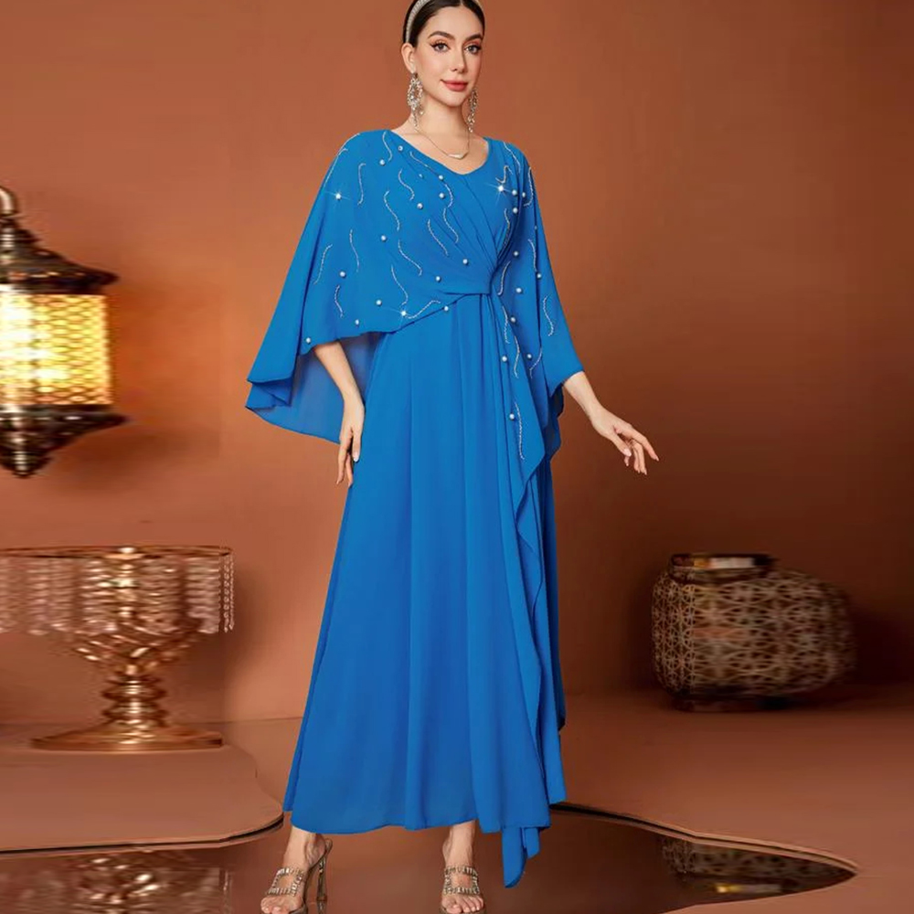 Women'S Formal Wear For A Wedding Guest - ชุดราตรีหรูหรา คอวี แขนเสื้อคลุมประดับลูกปัดและคริสตัล ช่วงเอวบิดเกลียว ชุดออกงานสำหรับผู้หญิง สามารถสั่งตัดได้